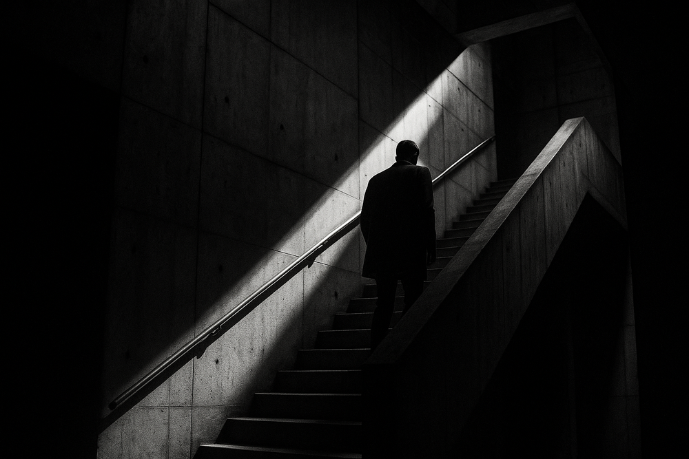 Man walking up stairs